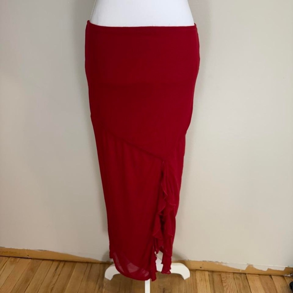 Cherry Red Split Maxi Skirt Ruffles Sz XS Y2k Coquette Romantic